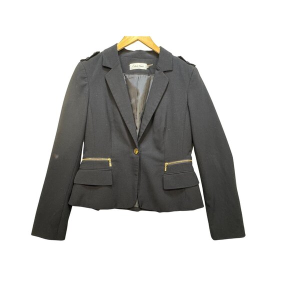 Calvin Klein Jackets & Blazers - Calvin Klein Black Womens One Button Blazer Jacket Size 8 Black Zipper Pockets